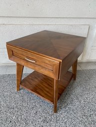 Sleek Danish Modern Style 2 Tier Single Drawer Marquetry Accent Table