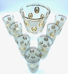 8 Piece Vintage MCM Frosted Barware W/ 22KT Gold Crown Crest Motif