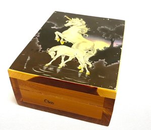 Vintage Pine Wooden Dresser Box W/ Unicorn Motif