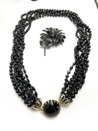 Vintage Black Bead Multistrand Necklace W/ Vintage Enamel Floral Brooch