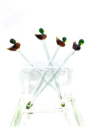 Set Of 4 Hand-blown Glass Duck Cocktail Stirs/swizzle Sticks