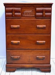 Vintage Maple Chest Of 5 Drawers W/ Carved Log Cabin Panel