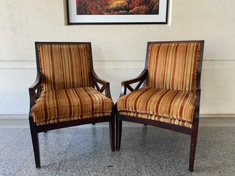 Pair Of Dark Espresso Style Finish And Striped Upholstery Armchairs