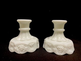 Pair Of Milk Glass Candlestick Holders In Grapes & Leaves Pattern