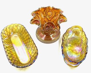 Trio Of Vintage Orange/marigold Carnival Glass