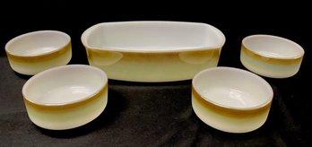 5 Piece Set Of Mesa Moss Heat Proof Milk Glass Cookware By Federal Glass