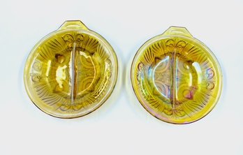 Pair Of Killarney Amber Carnival Glass Divided 1 Handle Dish By Indiana Glass