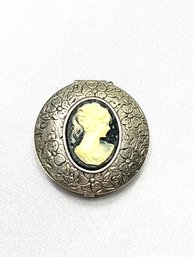 Vintage Pressed Metal Pill Box W/ Black & White Cameo