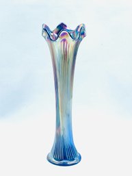 Stunning Iridescent Blue Carnival Glass Stretch Vase