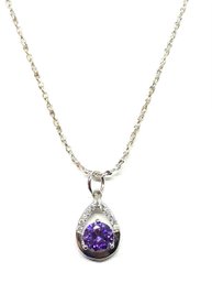 Gorgeous Silvertone Pendant Necklace W/ Faceted Light Purple Stone