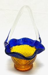 Hand-blown Amber Art Glass Basket W/ Cobalt Rim And Applied Clear Handle