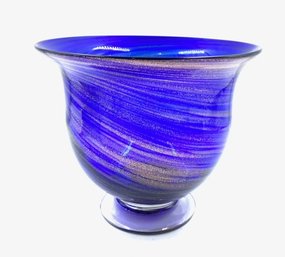 Whimsical Handblown Cobalt Blue Pedestal Bowl W/ Swirling Gold Fleck Design