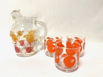 Vintage MCM Juice Pitcher W/ 3 Orange Juice Glasses