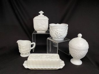 Collection Of Vintage Milk Glass With Grapes & Leaves Motif