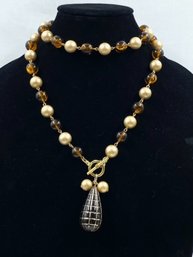 Vintage Goldtone & Faux Amber Toggle Necklace W/ Pendant