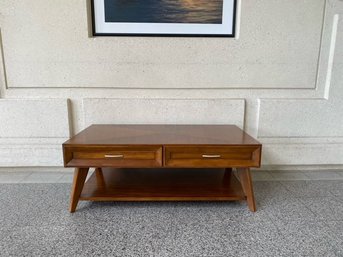 Sleek Danish Modern Style 2 Tier Double Drawer Marquetry Style Coffee Table