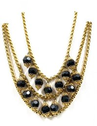 Stunning Goldtone Triple Strand Necklace W/ Faceted Jet Bead Charm Style Design