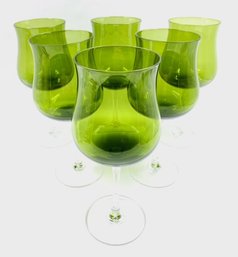 Set Of 6 Fantastic Large Green Goblet Wine Glasses W/ Clear Stems