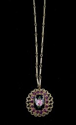 Vintage Goldtone Filigree Pendant W/ Rhinestones & Hand-painted Center Stone On Chain