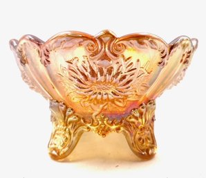 Dahlia Amber Carnival Glass Small 4-Toed Bowl By Mosser (Ohio)