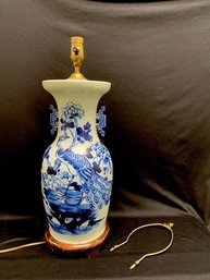 Vintage Double Handled Urn Style Ceramic Chinoiserie Peacock Table Lamp