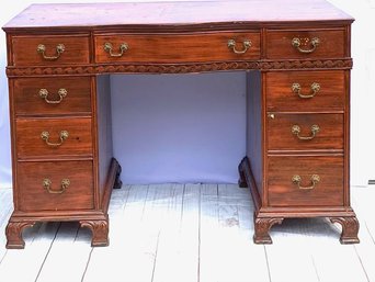 Solid Wood 7 Drawer Executive/bankers Desk W/ Carved Trim & Feet Detail