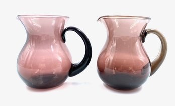 Pair Of Vintage Handblown Amethyst Glass Pitchers