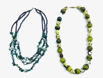 Pairing Of Painted Green Glass Beads & Stone