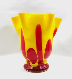 Large Show-stopping Modern Hand-blown Cased Handkerchief Vase In Bold Yellow & Red