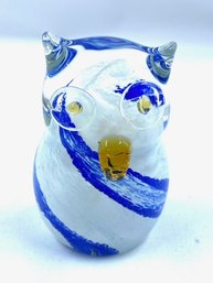 Hand-blown Blue & White Art Glass Owl Paperweight