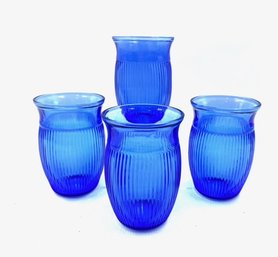 Set Of 4 Cobalt Blue Ribbed Depression Glass Juice Glasses By Hazel Atlas