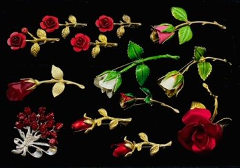 Large Collection Of Vintage Rose Brooches