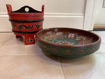Vintage Norwegian Rosmaling Wood Art Bowl & Lidded Round Box