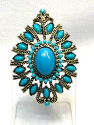 Gorgeous Multicolor Opaque Blue Cabochon Brooch Finished In Antiqued Bronze