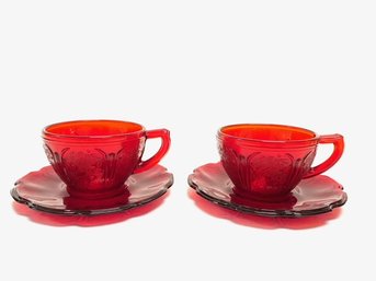 Pair Of Vintage Ruby Red Depression Glass Teacup & Saucer Set