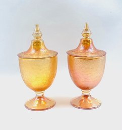 Pair Of Vintage Crackle Marigold Luster Lidded Urns By Imperial Glass Ohio