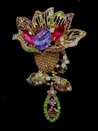 Sensational Huge Goldtone & Rhinestone Floral Brooch