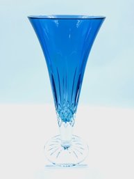 Signed Waterford Lismore Crystal Blue Flared Trumpet Vase W/ Clear Base