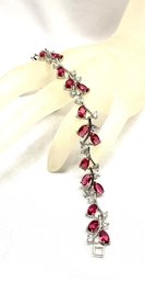 Beautiful Silvertone Tennis Bracelet W/ Fuschia Pink & Clear Stones