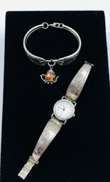 Vintage Roger Bros. Silverware Cloisonne Charm Cuff Bracelet & Legacy Silverware Watch