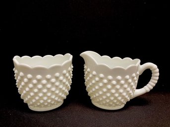 Vintage Hobnail Milk Glass Creamer & Sugar Set