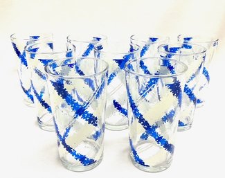 Set Of 9 Vintage Blue & White Abstract Spiral Plaid Tumblers