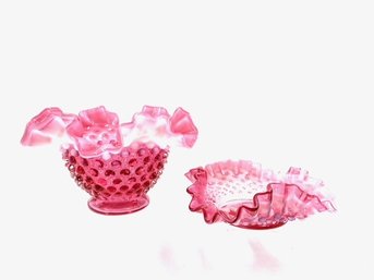 Pairing Of Vintage Fenton Cranberry Hobnail Opalescent Moonstone Crimped Edge Art Glass