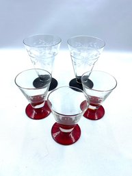 5 Pieces Vintage Stemware W/ Colored Base