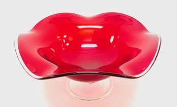 Hand-blown Ruby Red Waved Edge Pedestal Bowl W/ Clear Base