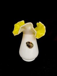 Vintage Kanawha White Vase W/ Yellow Interiors And Ruffled Top