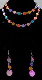 Rainbow Mother Of Pearl Style Disco Necklace & Earring Set