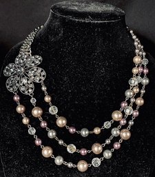 Elegant & Sophisticated Asymmetrical Rhinestone & Faux Pearl Multistrand Necklace