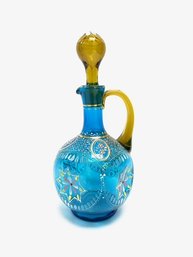 Gorgeous Bohemian Capri Blue Hand-blown & Hand-painted Decanter W/ Stopper