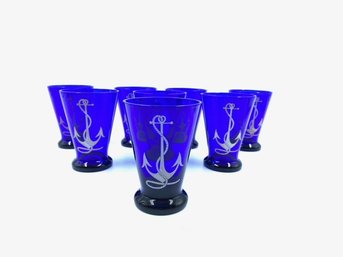 8 Cobalt Dep. Glass Single Pour Whiskey Glasses - Hazel Atlas